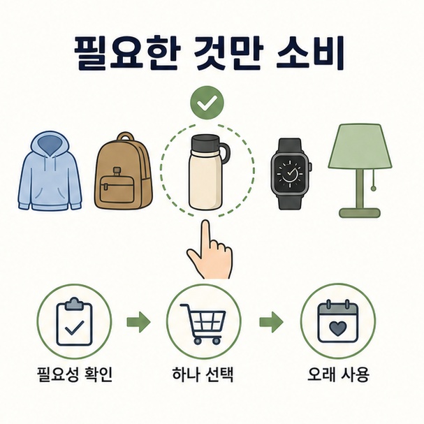 여러 물건 가운데 필요한 하나를 선택하고 오래 사용하는 요노 소비 방식 설명 이미지