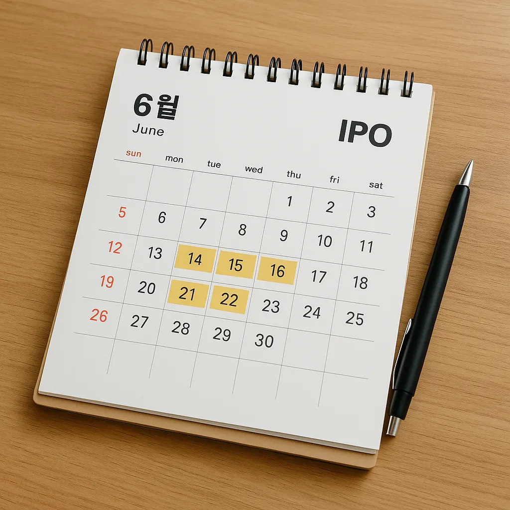 나무 책상 위 공모주 일정이 표시된 달력