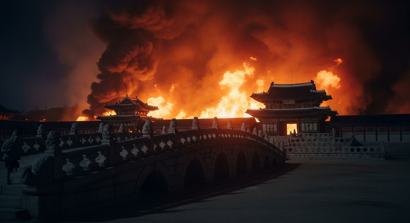 밤에 불타는 창덕궁, 궁궐 전각에서 치솟는 거대한 화염과 연기, 석조 다리가 전경에 보이는 재앙의 순간