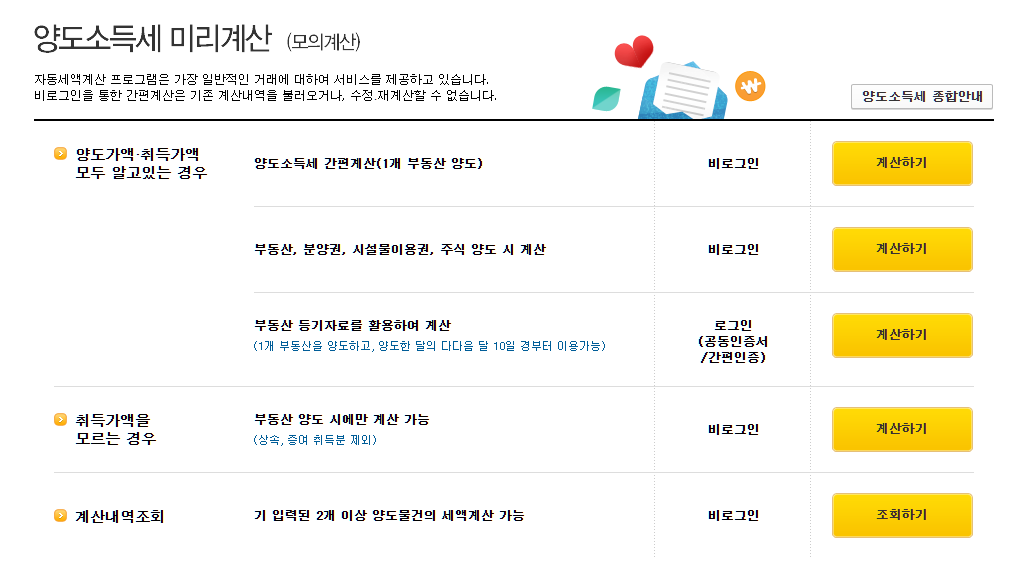 양도소득세 모의계산(출처 : 홈텍스)