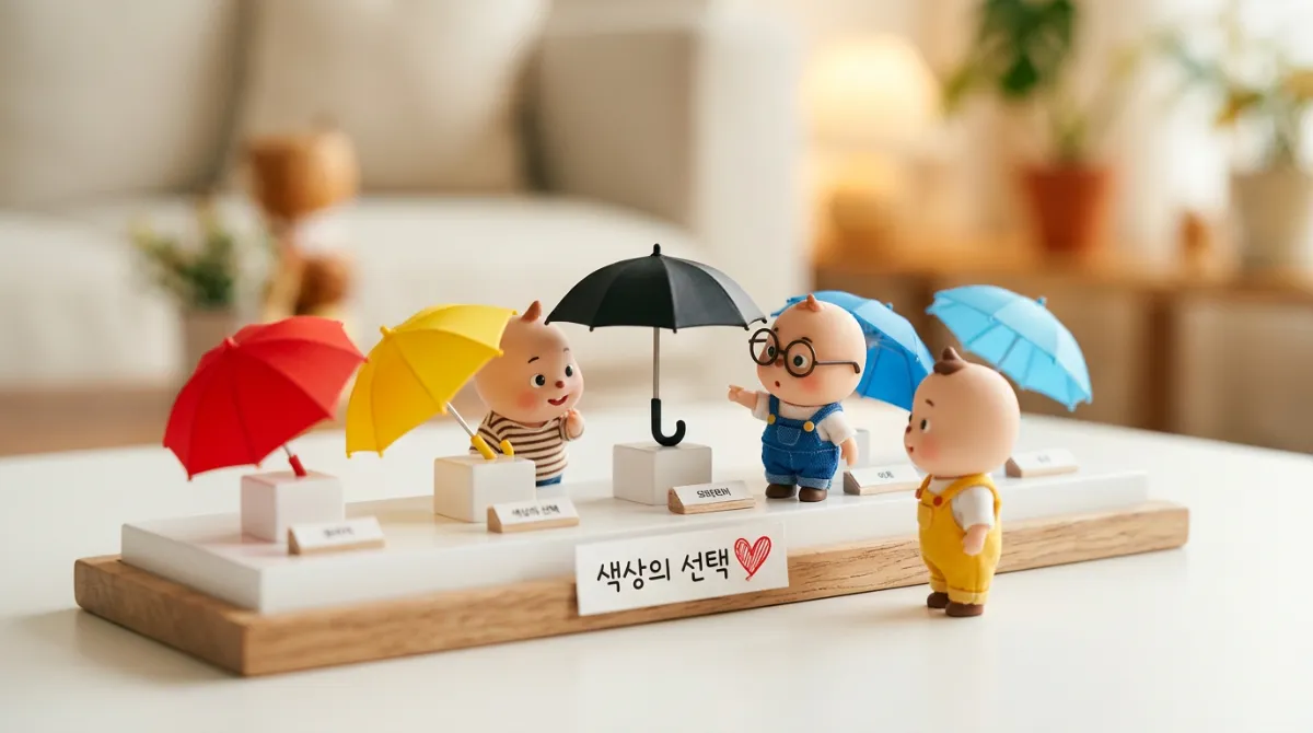 다양한 색상의 우산이 진열된 모습과 검은 우산