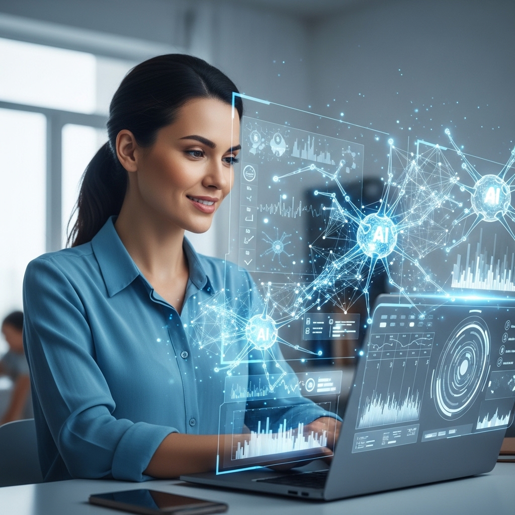 2025년, AI 기술로 업무와 육아를 조화롭게 병행하며 미소 짓는 워킹맘의 모습