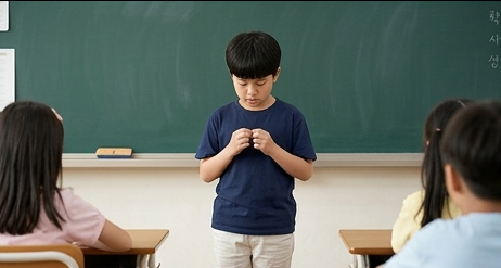 발표 전 손을 만지작거리며 서 있는 아이