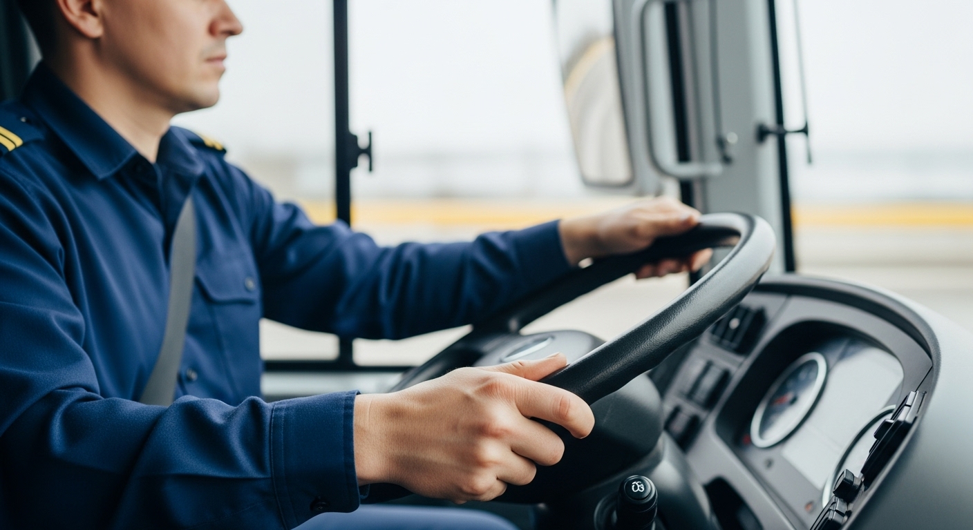 대형 버스 운전석에서 운전자가 집중하며 핸들을 조작하는 손과 표정의 클로즈업. 섬세한 운전 기술과 집중력이 돋보입니다.