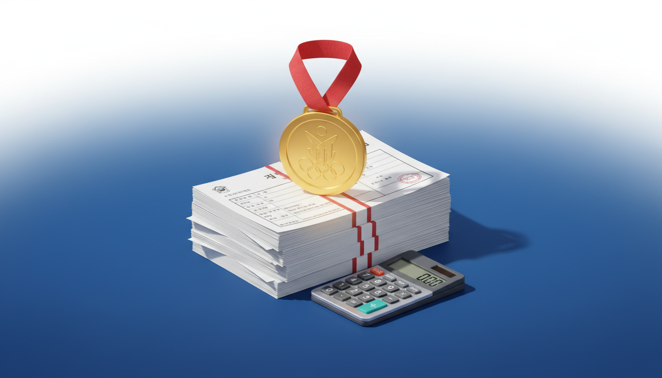 세금 신고 서류와 계산기 위에 놓인 빛나는 금메달 일러스트, 올림픽 연금 비과세 혜택 상징