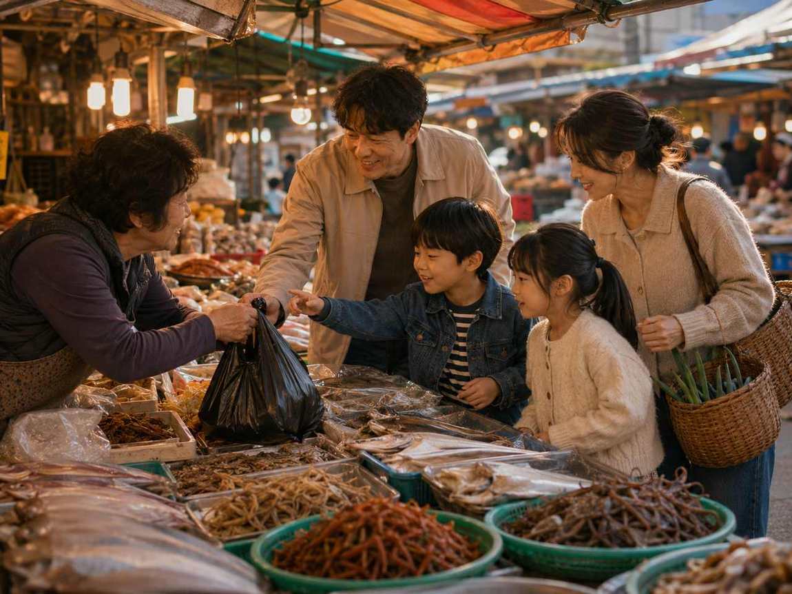 재래시장 가게에서 부모와 두 아이가 상인과 마주 보며 장본 물건을 건네받는 모습