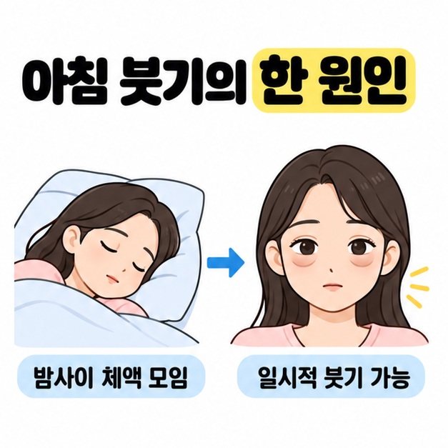 누워 자는 모습에서 아침의 눈 주위 모습으로 이어지며 밤사이 체액 모임과 일시적 붓기 가능성을 설명한 그림