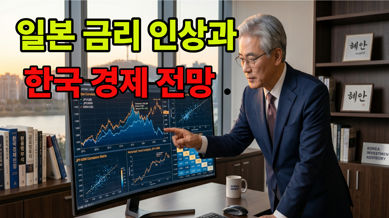 현대적인 사무실 데스크톱 모니터로 엔화와 원화 환율 변동 그래프 추이를 꼼꼼하게 분석하고 있는 60대 금융 전문가