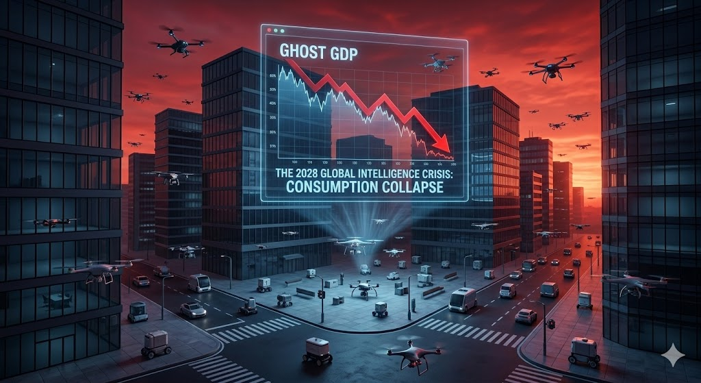 인간 노동자가 사라진 고요한 오피스 빌딩 숲 사이로 AI 드론들이 분주히 움직이는 모습