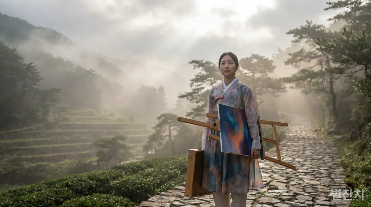 안개 낀 산길에서 미완성 그림을 들고 불확실성을 포용하는 한국인 예술가의 모습
