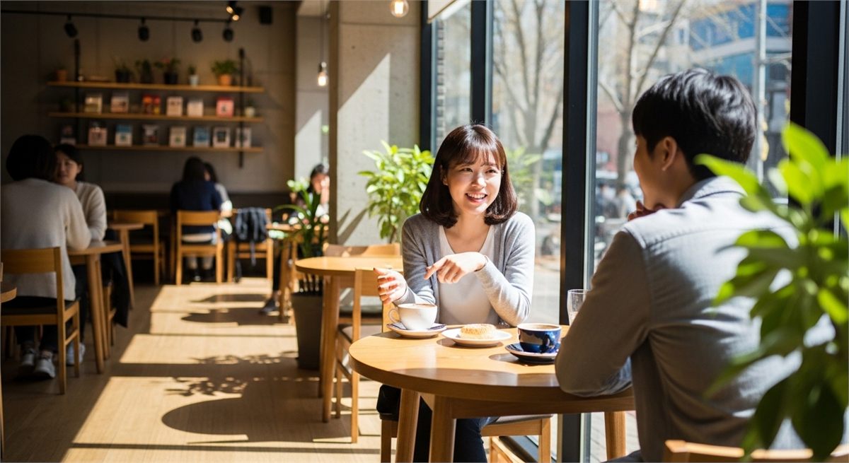 카페에서 봄철 스몰토크를 나누는 친구들의 장면