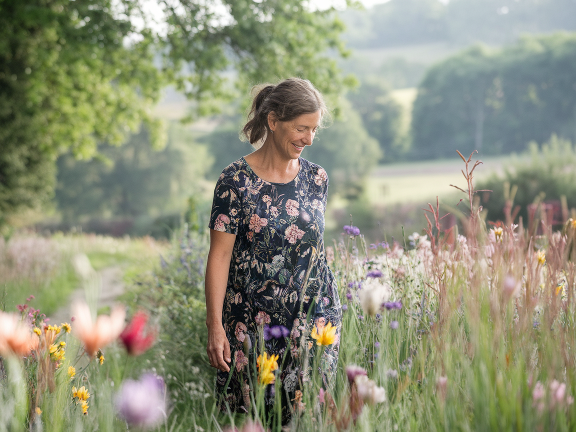꽃밭을 산책중인 행복한 모습의 여성