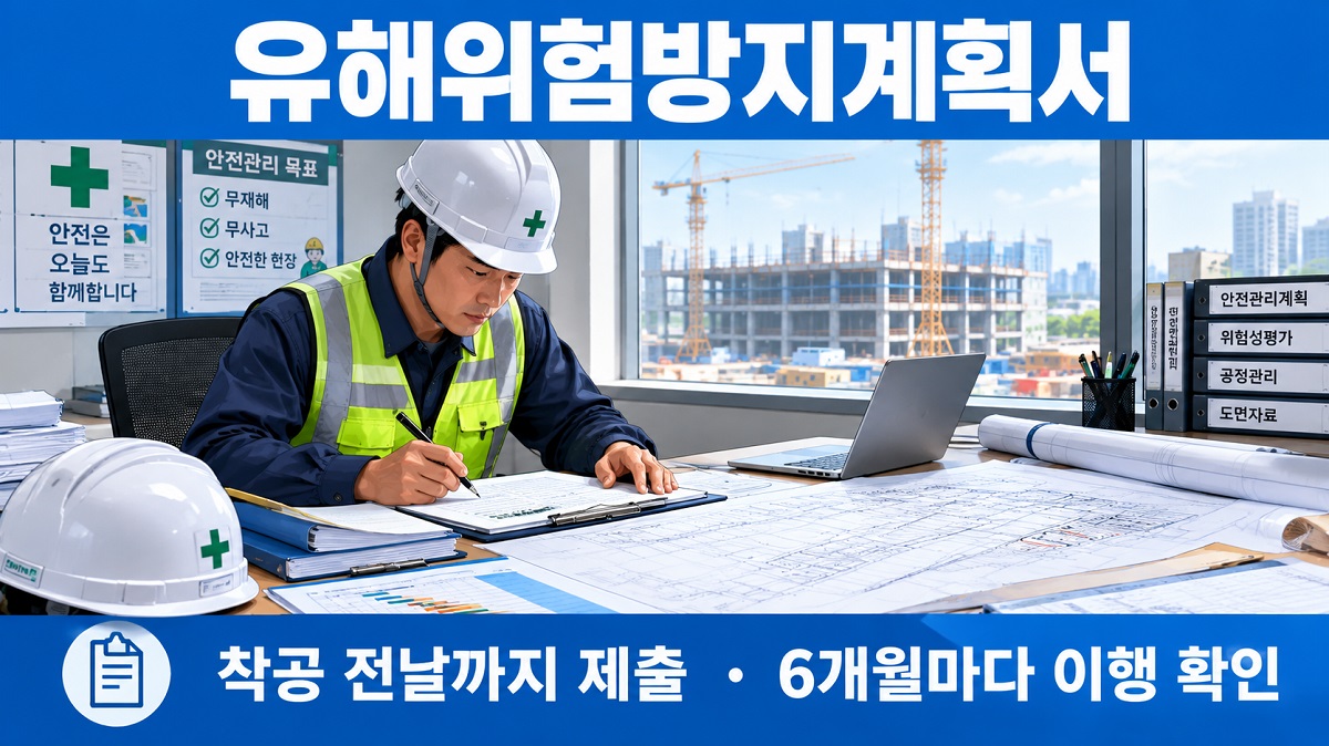 건설현장 안전관리자가 도면과 공정표를 펼쳐 놓고 유해위험방지계획서를 작성하는 모습