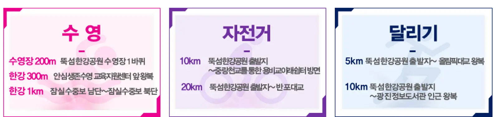 뚝섬 자양역 제2회 쉬엄쉬엄 한강 3종 축제 소개 사전 신청 방법 참가비 장소 초급자 상급자 코스 철인 서울시 체육회