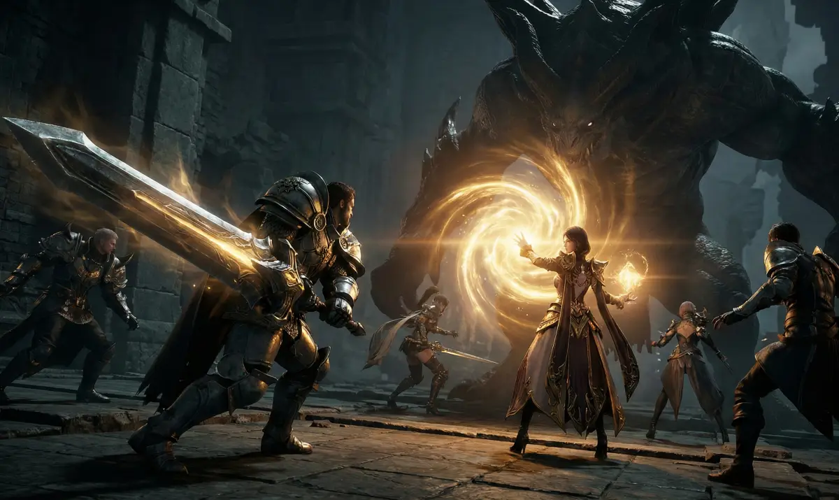 로스트아크 레이드 보스를 공략하는 다양한 직업들의 전투 장면