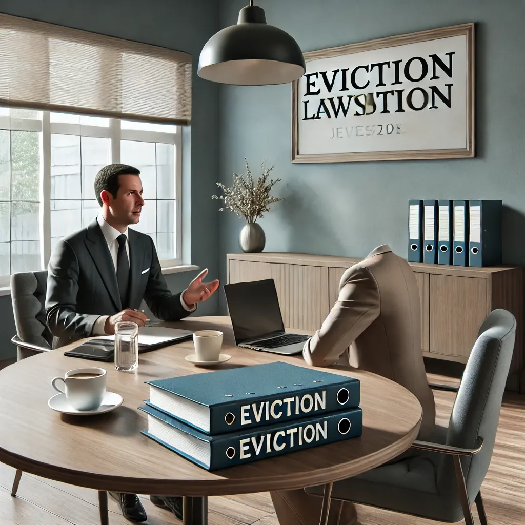 명도소송 전략을 논의 중인 변호사와 클라이언트&amp;#44; 법률 문서와 노트북 포함