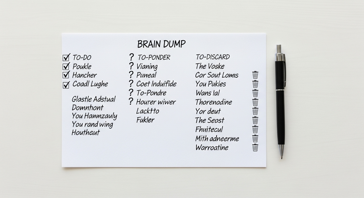 할 일, 고민, 버릴 것이라는 세 가지 기준으로 분류된 브레인 덤프 메모