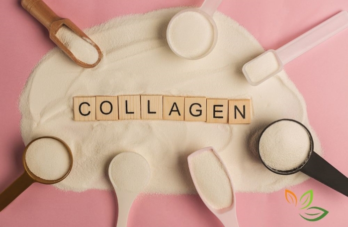 콜라겐 파우더와 스푼들 위에 놓인 Collagen 알파벳 블럭 VIA CANVA