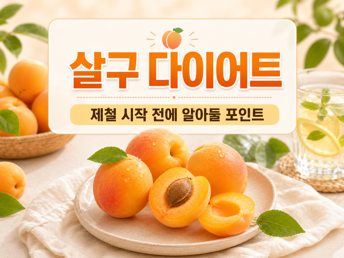 살구 다이어트 제철 시작 전에 알아둘 포인트를 설명하는 썸네일 이미지, 접시에 담긴 생살구와 말린 살구&middot;살구씨 주의 내용을 강조한 건강 과일 다이어트 콘텐츠.