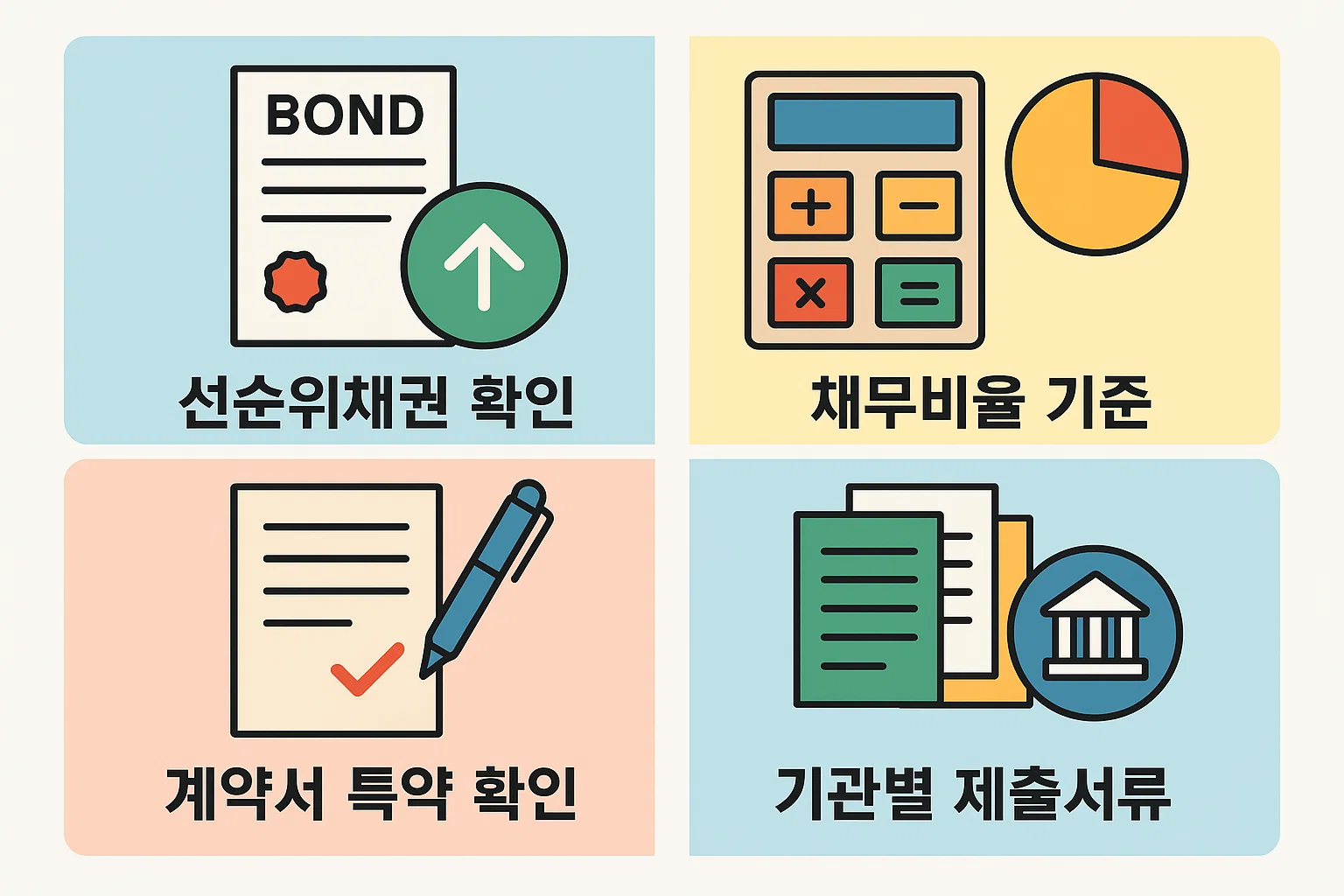 선순위채권, 채무비율, 계약서 특약 등 심사 과정에서 확인해야 할 세부 조건을 단계별로 정리한 인포그래픽.