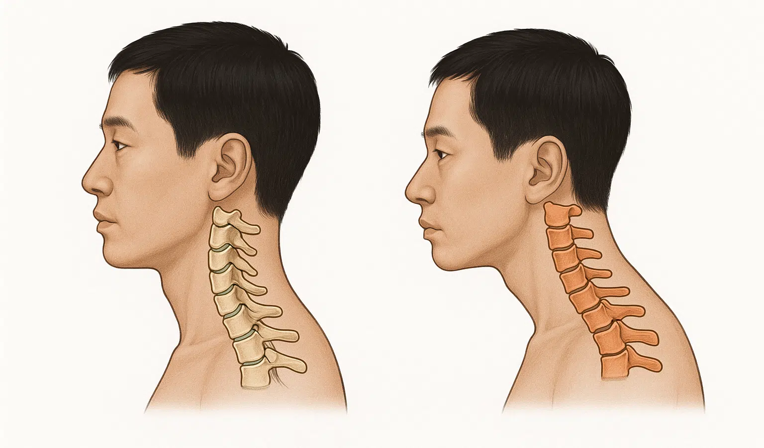 정상 경추 곡선과 거북목으로 변형된 목뼈 비교, C자 곡선과 일자목 상태