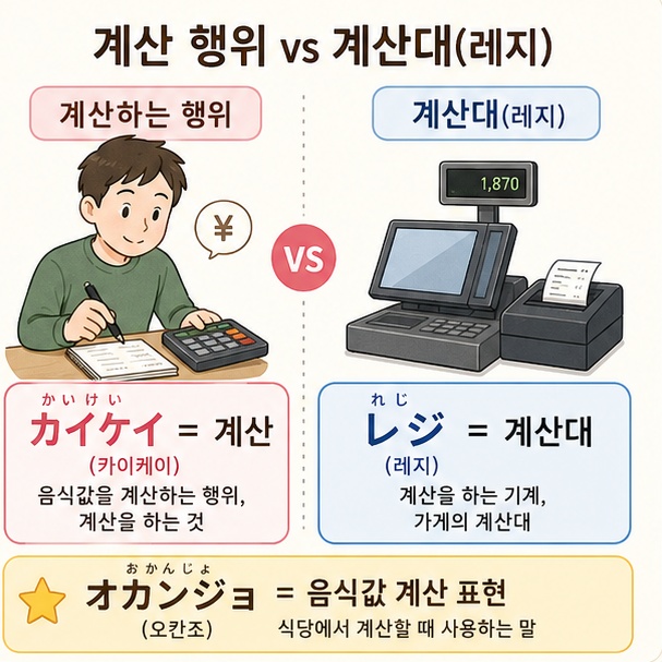 일본어 카이케이는 계산을 뜻하고 레지는 계산대, 오칸조는 음식값 계산을 의미할 수 있다는 차이를 설명한 이미지