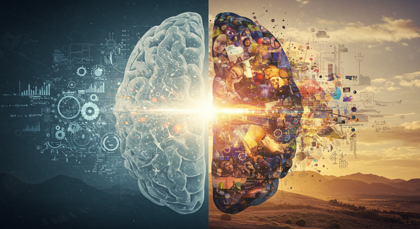 좌뇌와 우뇌의 차이점을 형상화한 그림.