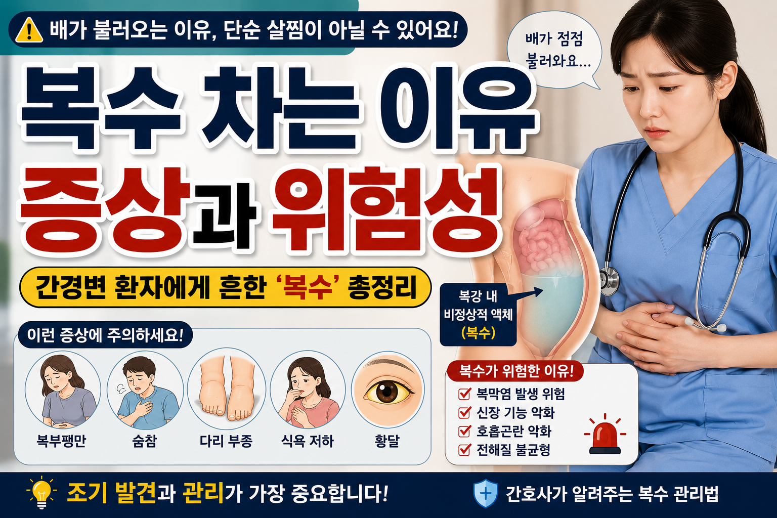 복수로 인해 배가 불러오고 숨이 차는 증상과 간경변 관련 위험성을 설명하는 건강정보 썸네일 이미지