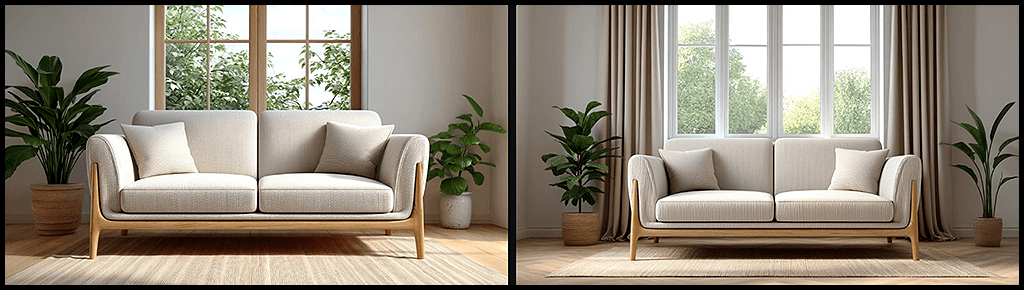 공간 연출, OREF로 고정된 쇼파가 놓인 스칸디나비아풍 거실, 밝은 오크 바닥과 부드러운 자연광, 미니멀한 소품의 아늑한 분위기 이미지_Midjourney