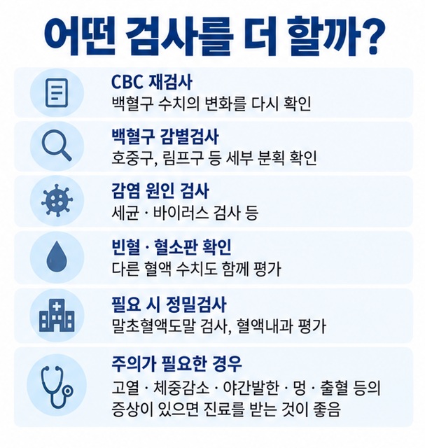 CBC 재검사 백혈구 감별검사 감염검사 빈혈과 혈소판 확인 말초혈액도말검사와 진료 필요 신호를 정리한 인포그래픽