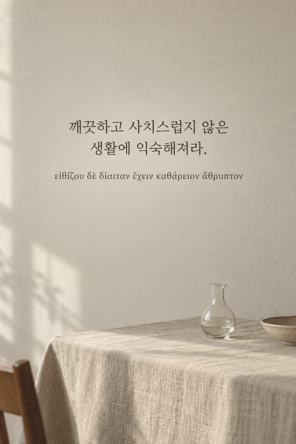깨끗하고 사치스럽지 않은 생활에 익숙해져라. 리넨 식탁보 위 작은 유리 화병 배경에 한국어와 그리스어 원문을 담은 피타고라스 학파 명언 이미지