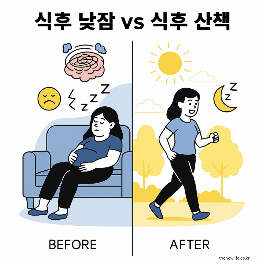 식사 후 낮잠을 자는 모습과 식후 산책을 하는 모습을 비교한 일러스트 – 뱃살, 졸음, 햇빛, 걷기 아이콘 포함
