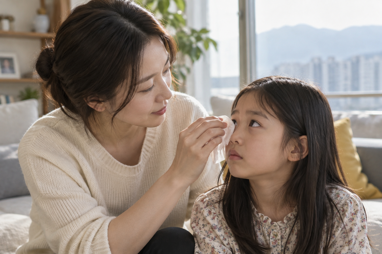 아이 눈이 빨갛고 눈곱이 낄 때, 결막염 구분과 안과 진료&middot;등원 판단 상황에서 보호자가 아이 상태와 다음 행동을 확인하는 실제 생활 장면