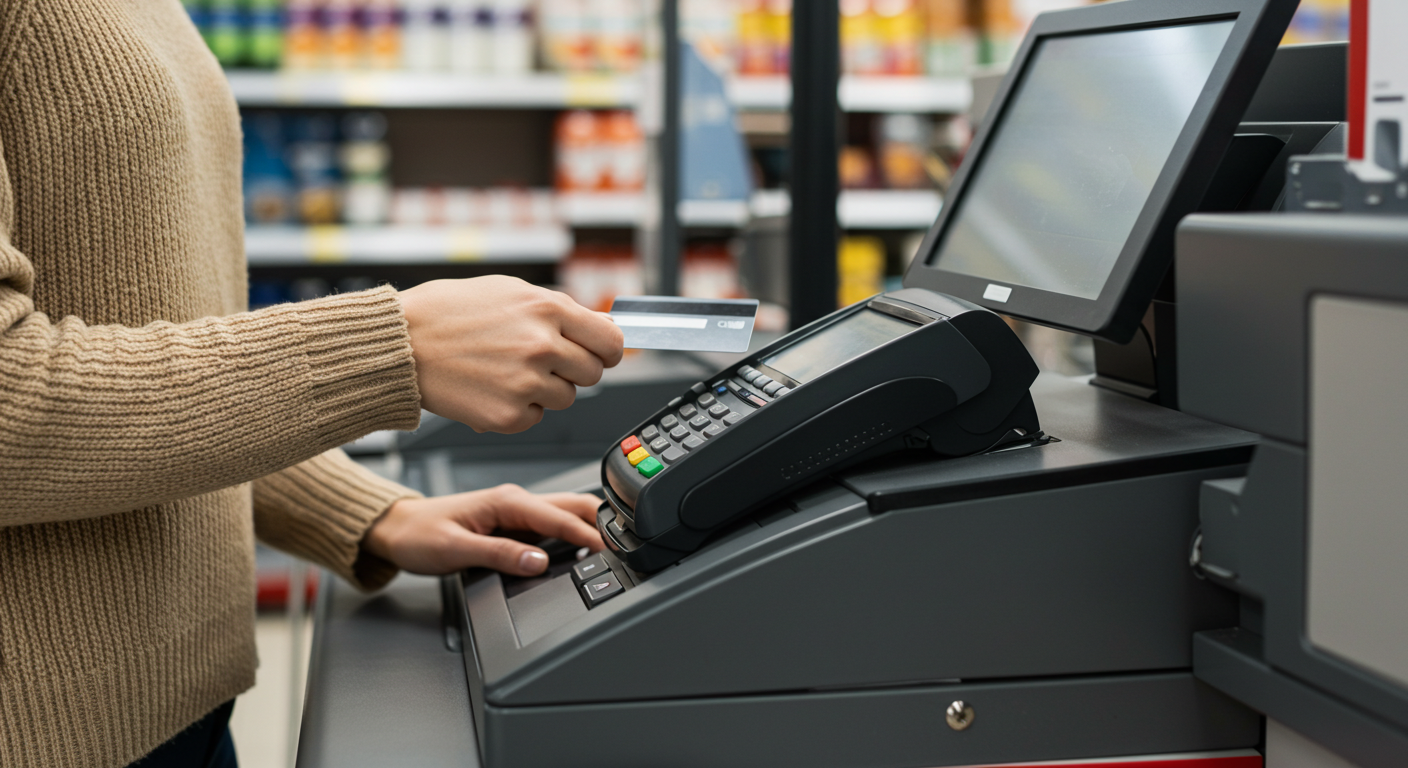 마트 계산대에서 카드로 결제하는 모습