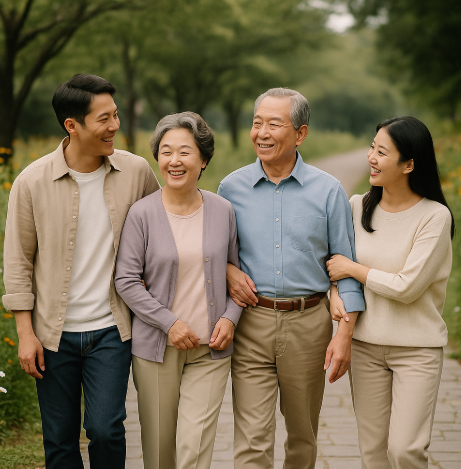 부모님을 모시고 서울근교로 효도여행하는 가족 모습