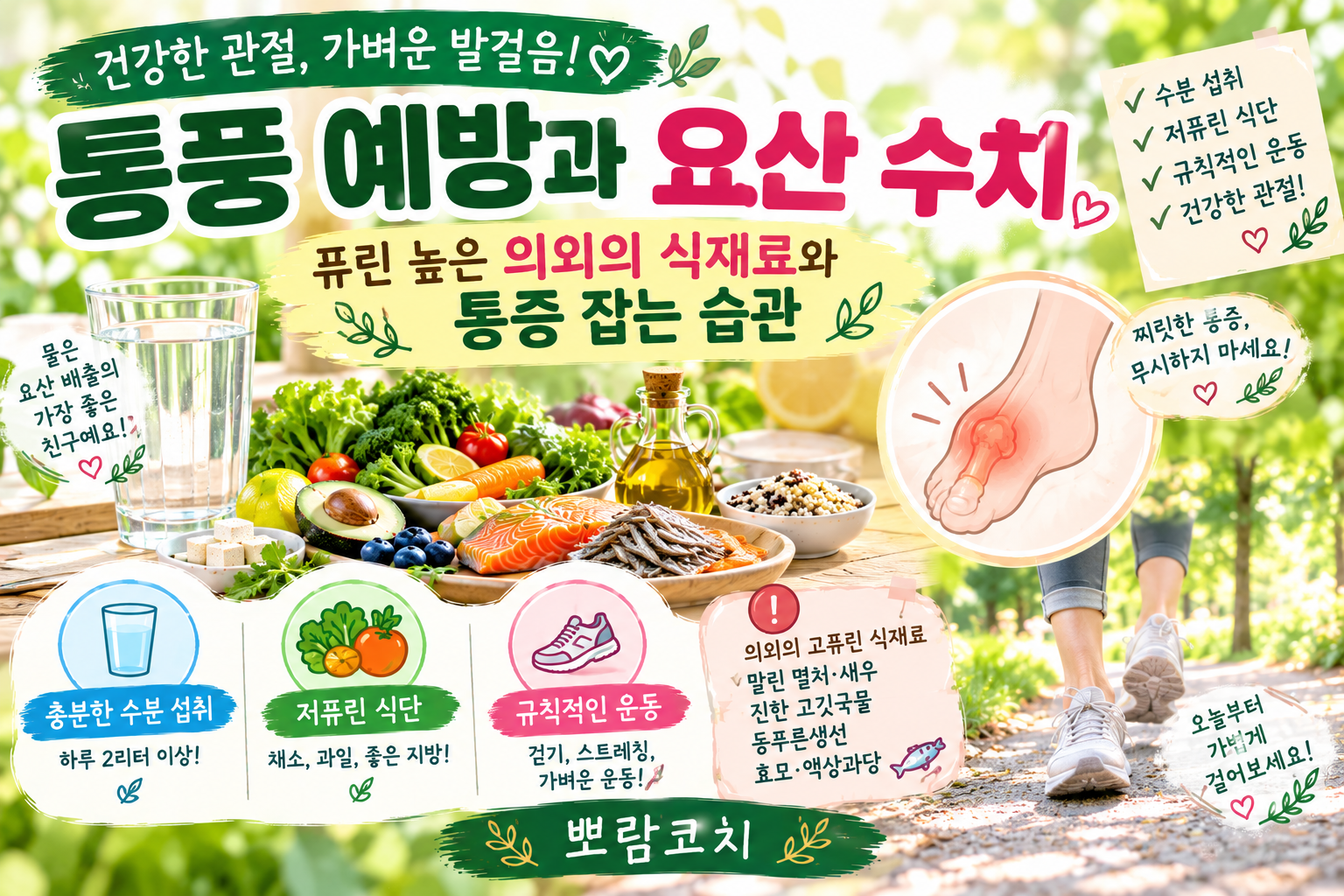 신선한 채소와 비타민이 가득한 알록달록한 저퓨린 건강 식탁