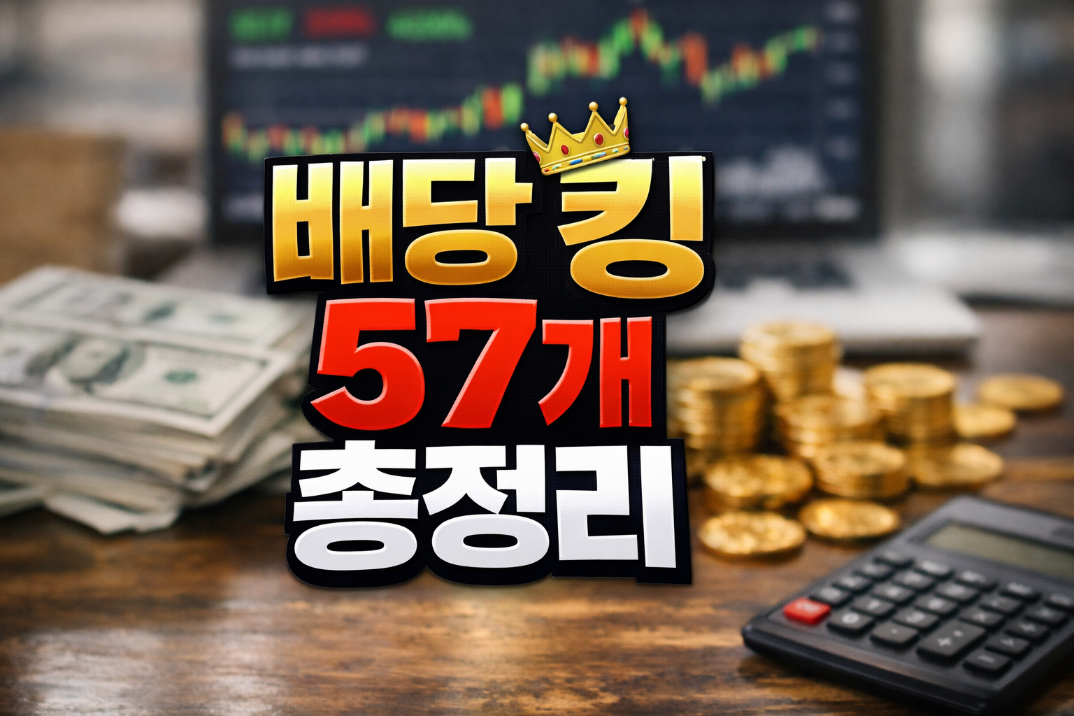 미국 배당 킹 57개 종목 텍스트와 주가 차트, 달러 지폐, 금화, 계산기가 배경으로 있는 투자 개념 이미지