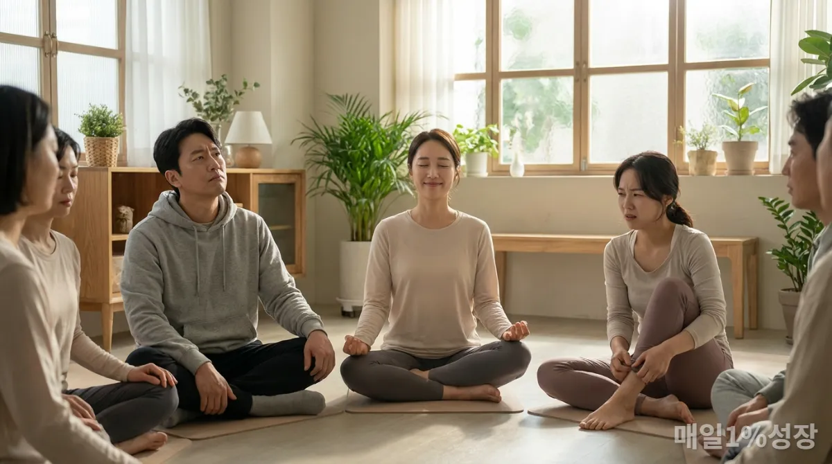 명상이 모든 사람에게 동일하게 효과적이지 않음을 보여주는 이미지. 다양한 표정의 한국인.