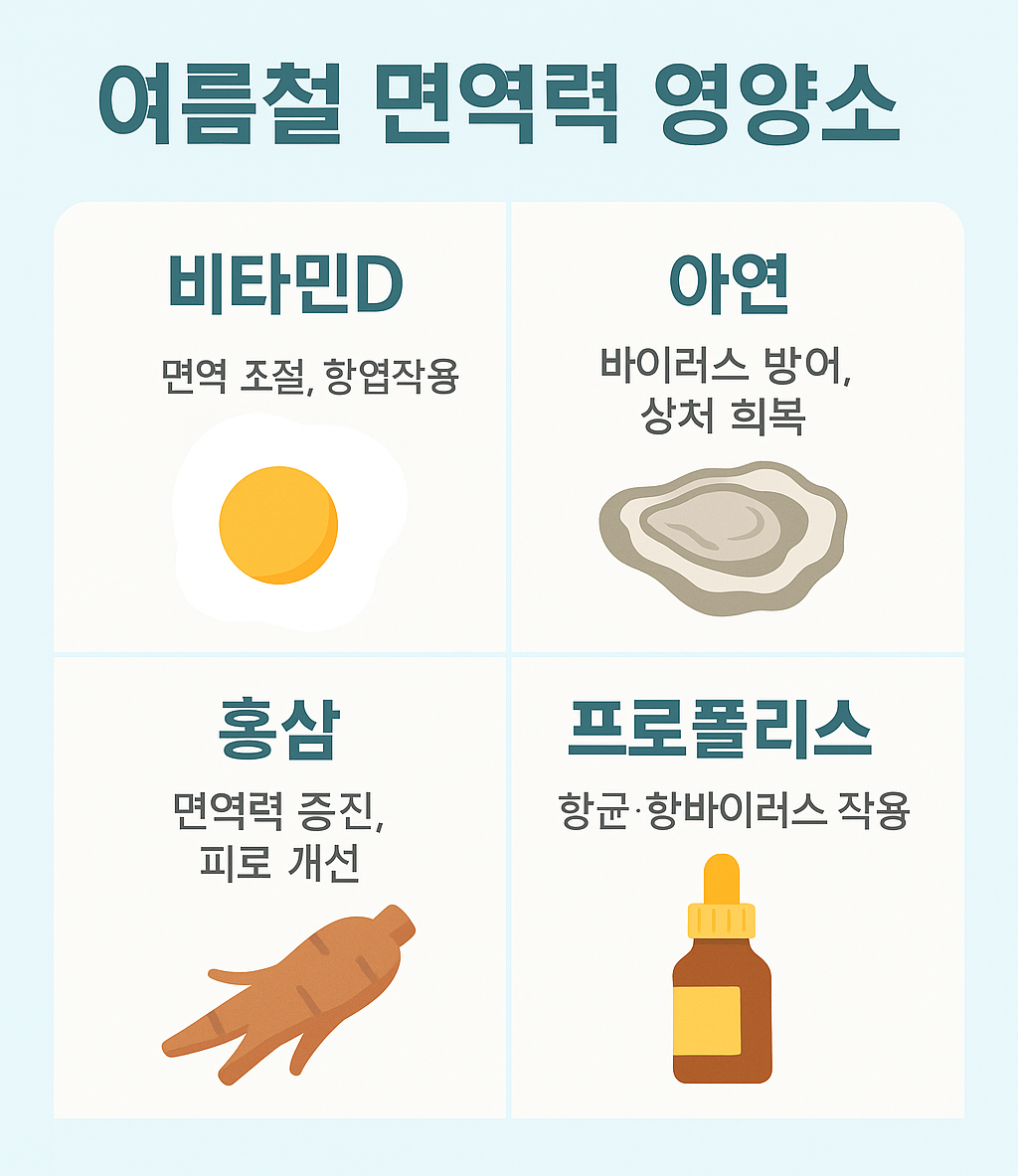 비타민D&amp;#44; 아연&amp;#44; 홍삼&amp;#44; 프로폴리스 4가지 면역 영양소를 일러스트와 함께 소개하는 여름철 건강관리 인포그래픽.