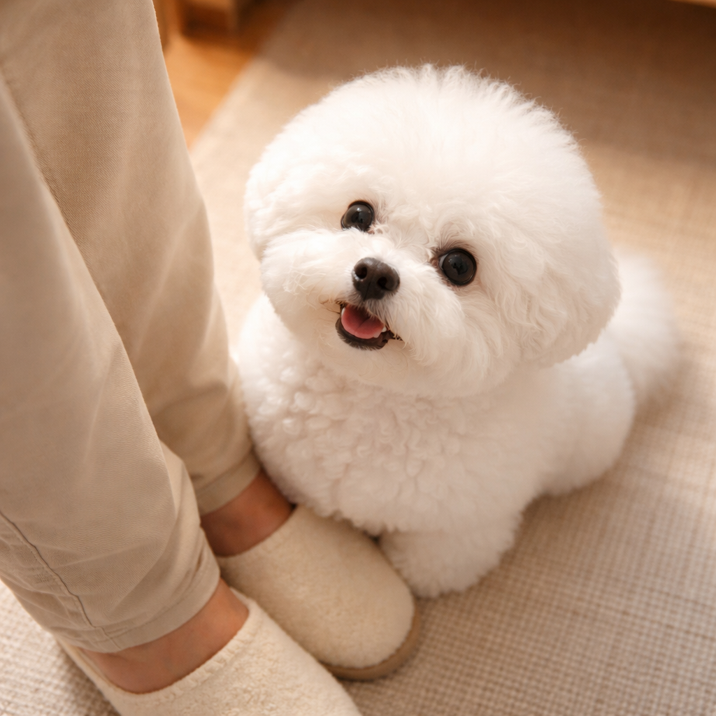 보호자 발 옆에 바짝 붙어서 올려다보는 강아지 모습