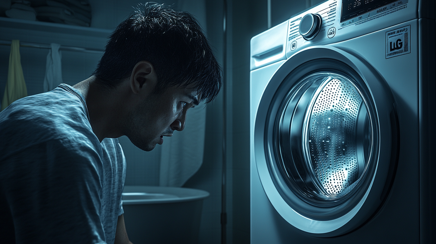 엘지 세탁기 사용자가 자동화 기술 부족으로 긴 세탁 시간에 대한 아쉬움을 느끼며, 약간 어두운 가정용 세팅에서 아쉬운 표정을 짓고 있는 장면.