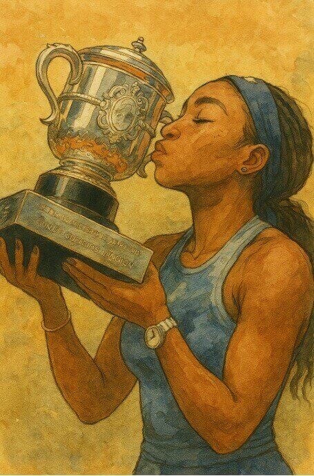 2025 롤랑가로스에서 우승한 코코고프가 우승컵에 키스하는 지브리 스타일 사진