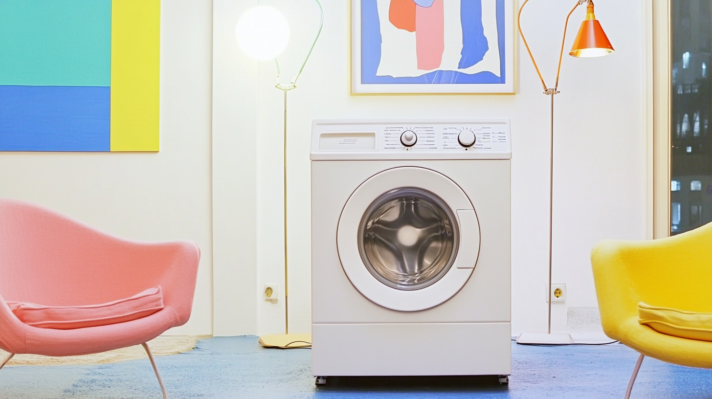 밤에 아늑한 홈 환경에서 조용히 작동하는 에너지 효율적인 세탁기가 부드러운 조명과 파스텔 색조로 진정감과 편안함을 느끼게 해주는 모습