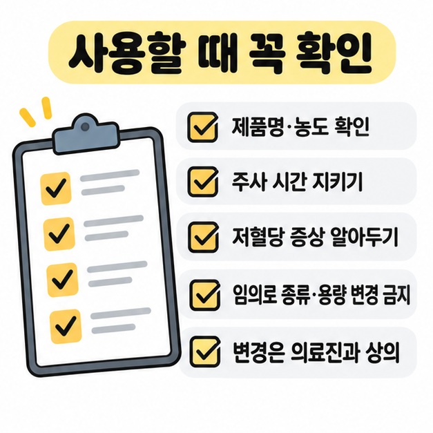 인슐린 제품명, 용량, 주사 시간과 저혈당 주의를 확인하는 체크 그림