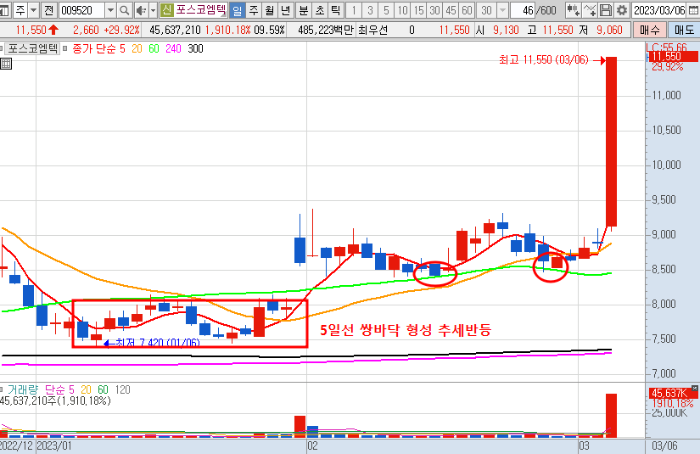 3월 6일 포스코엠텍 일봉 차트
