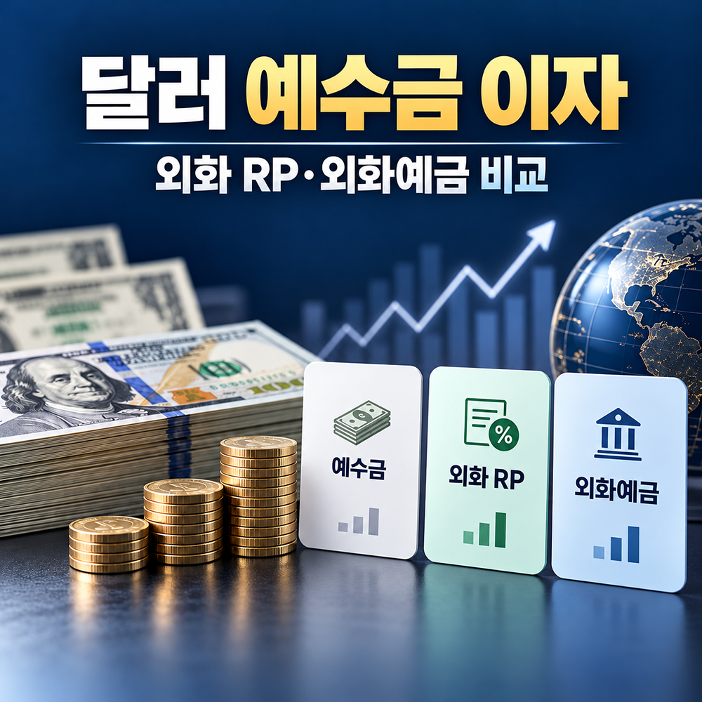 달러 예수금 이자 받는 법과 외화 RP&middot;외화예금 비교를 설명하는 썸네일 이미지. 미국 달러 지폐와 동전, 예수금&middot;외화 RP&middot;외화예금 비교 카드가 배치되어 있음.