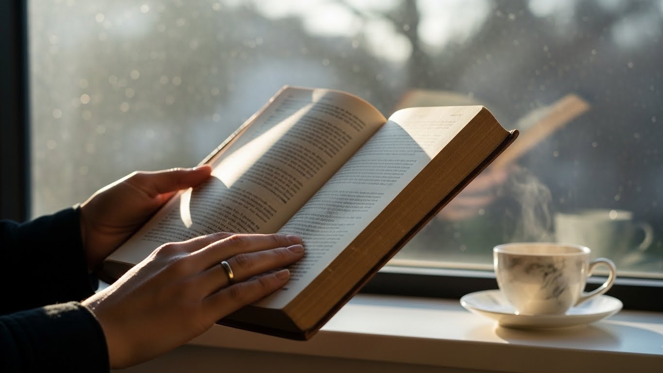 스마트폰 대신 종이책을 읽으며 뇌의 깊은 몰입과 집중력을 되찾는 평화로운 모습