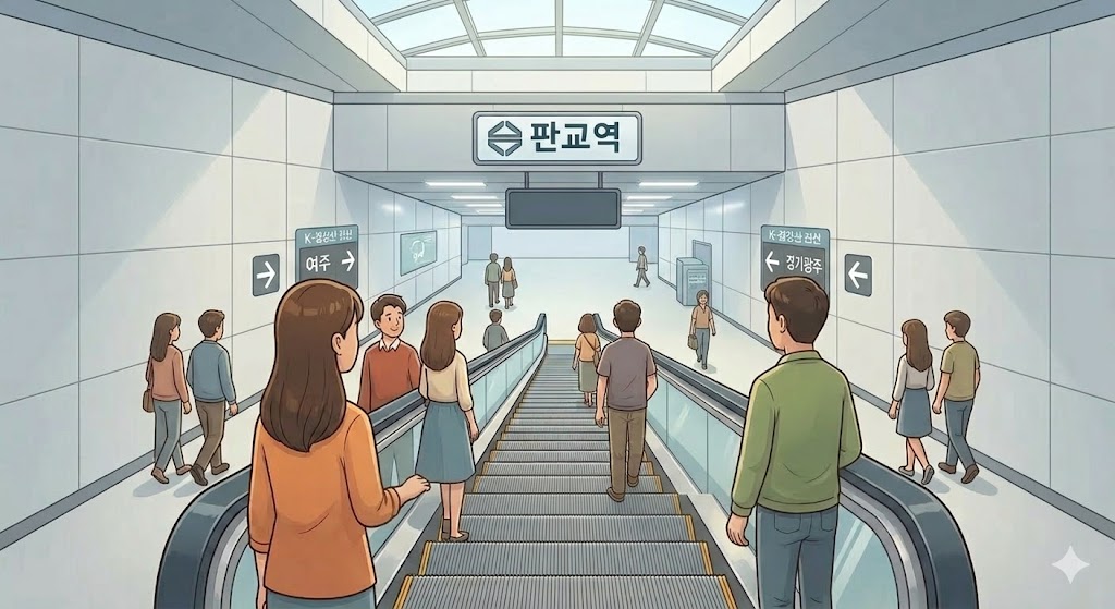 판교역 에스컬레이터를 이용해 환승 통로로 내려가는 출퇴근 인파