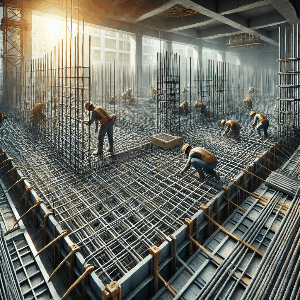 철근 콘크리트 구조물에서 철근을 배근하는 이미지