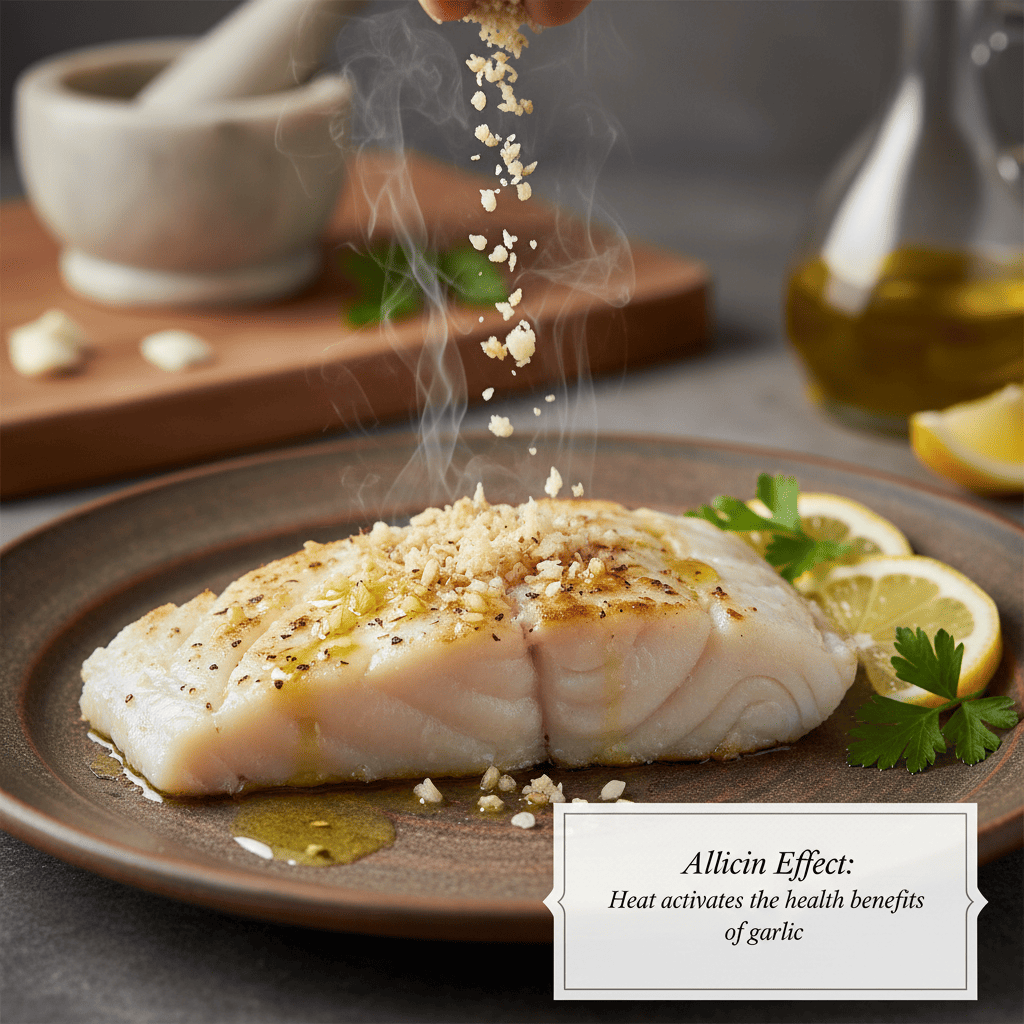 생선 요리 마지막 단계에서 으깬 마늘을 넣는 모습